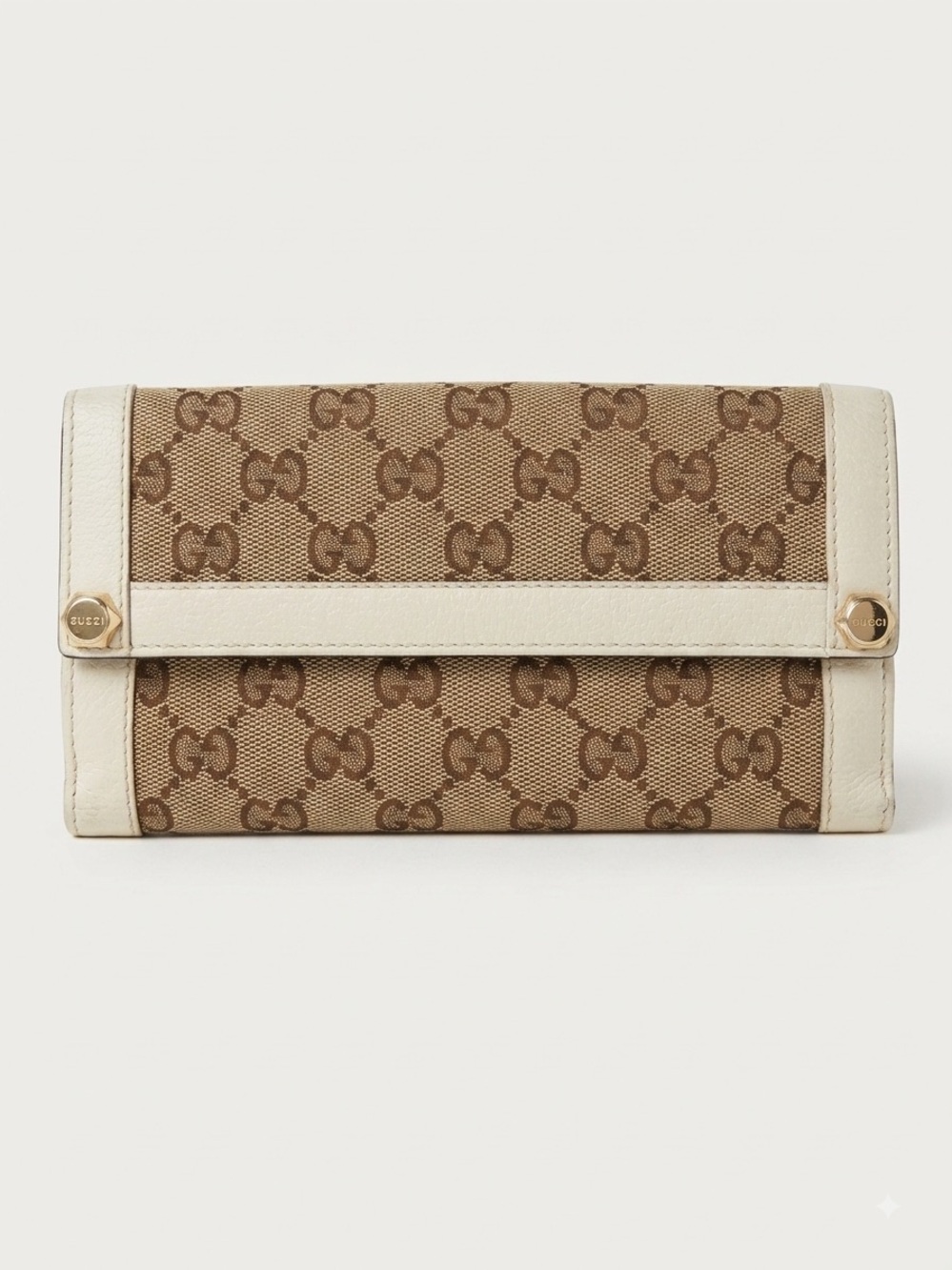 Authentic Gucci Beige GG Canvas Continental Wallet with White Trim
